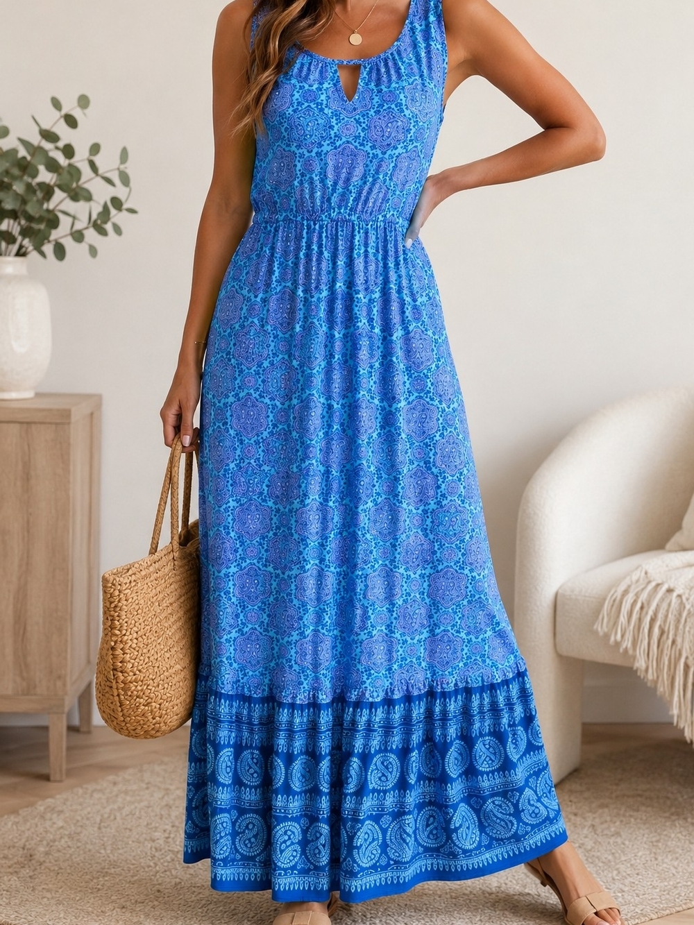 Talbots Blue Paisley Tiered Maxi Dress